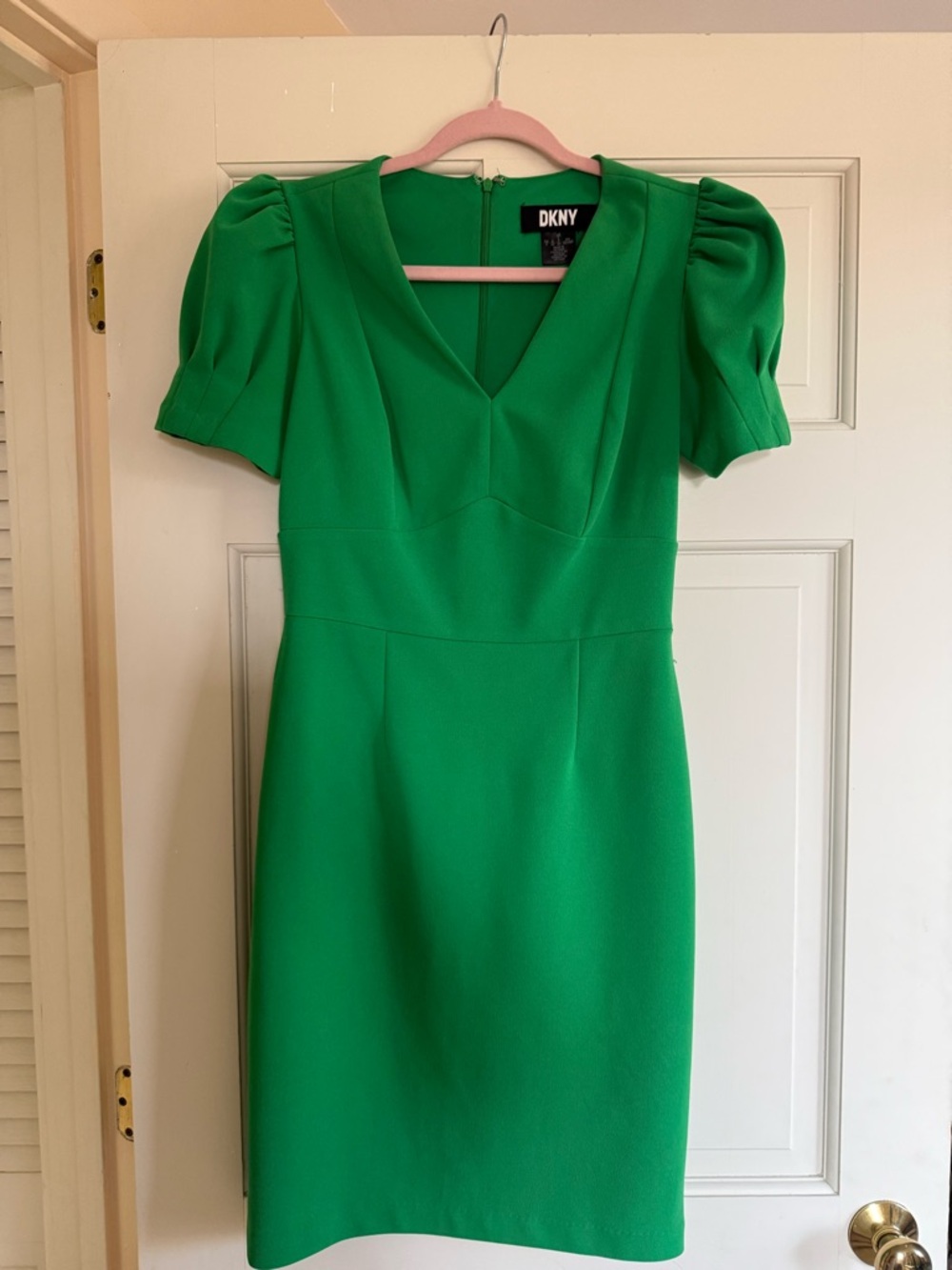 DKNY Emerald Green V-Neck Puff Sleeve Sheath Dress